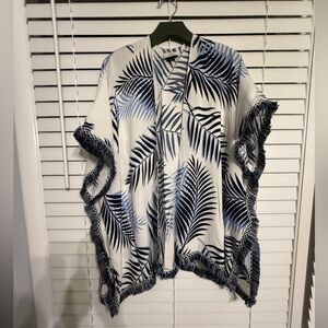 Leaf Print Poncho with Fringe one size fits most